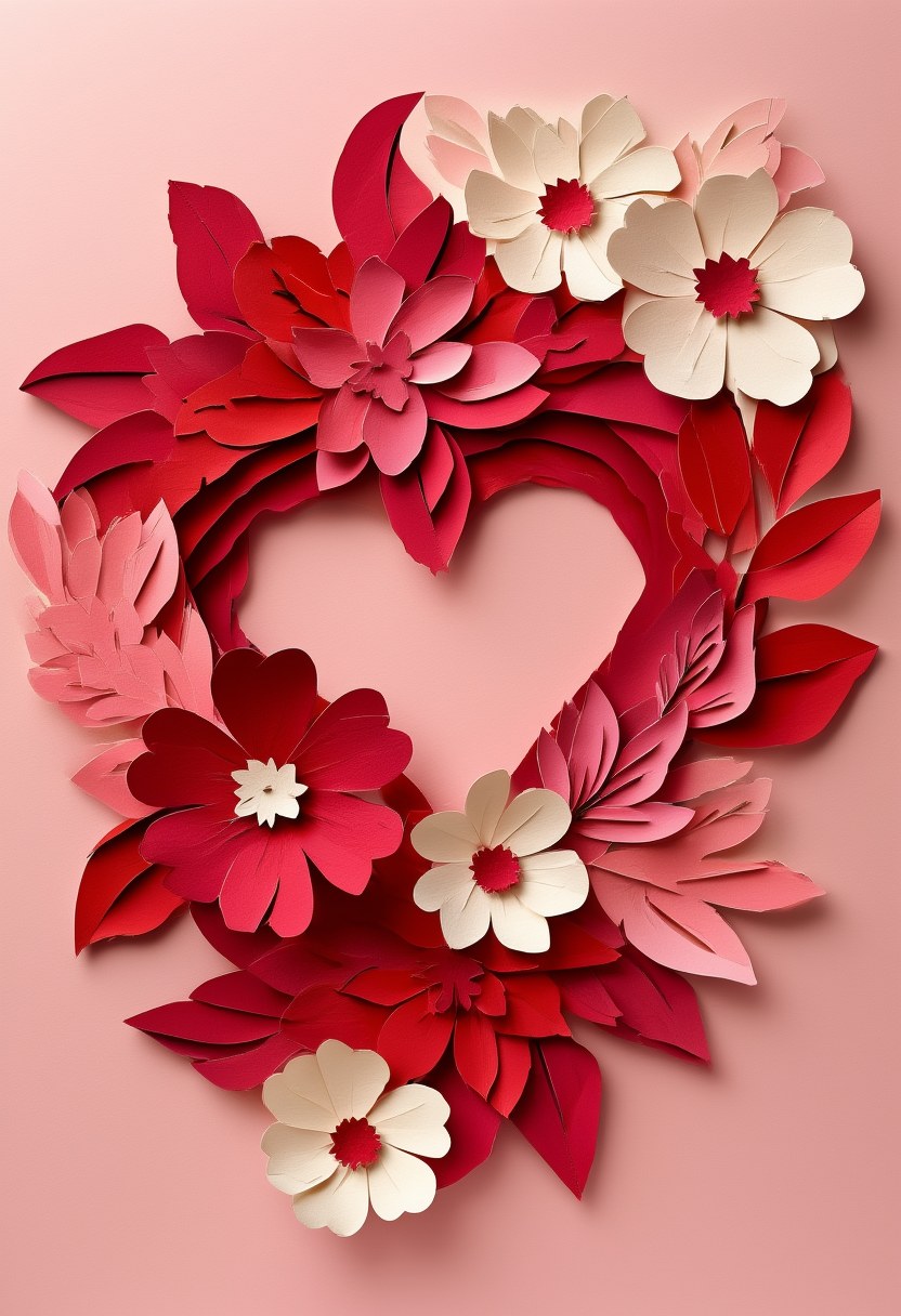 Crimson Floral Heart Wreath — Valentine's Day cut-paper-style greeting card