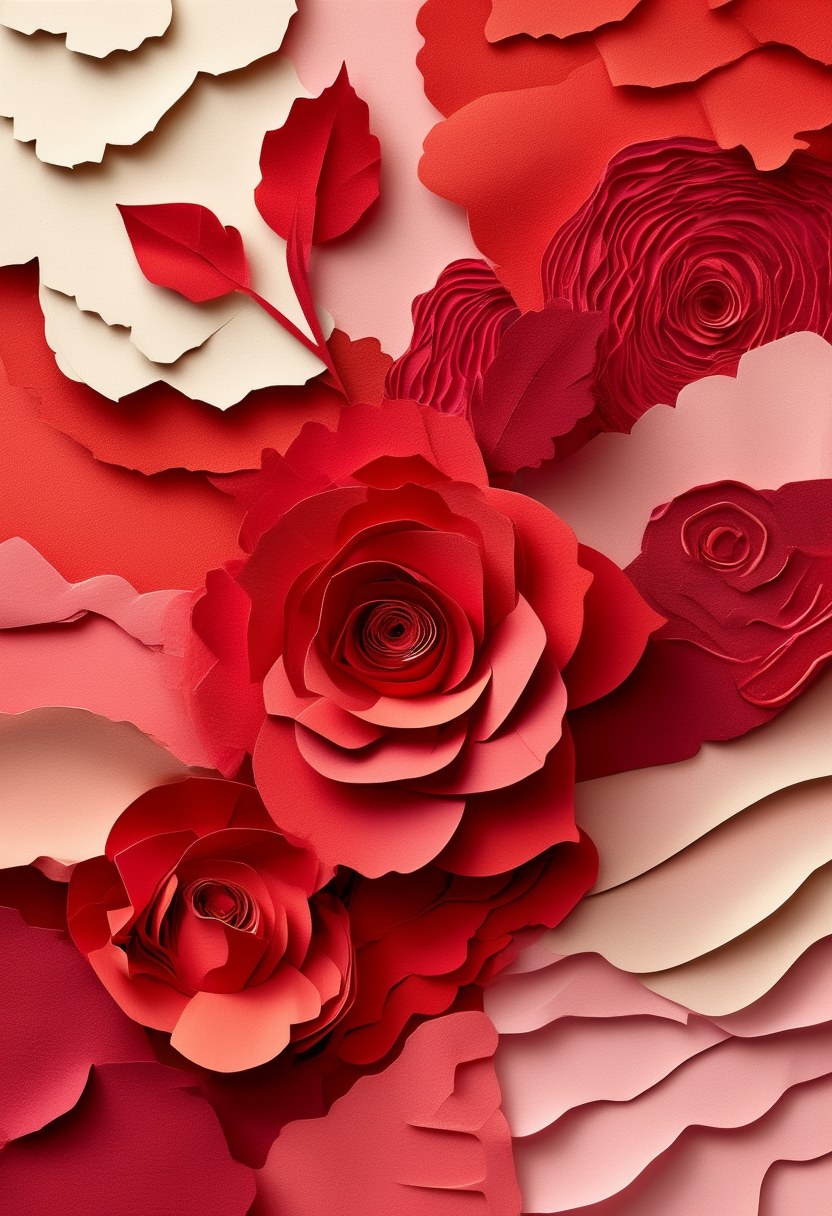 Crimson Rose Abundance — Valentine's Day cut-paper-style greeting card
