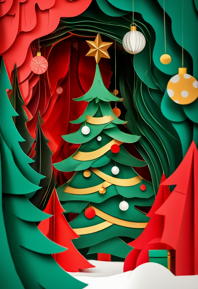 Crimson Winter Forest — Christmas cut-paper-style greeting card