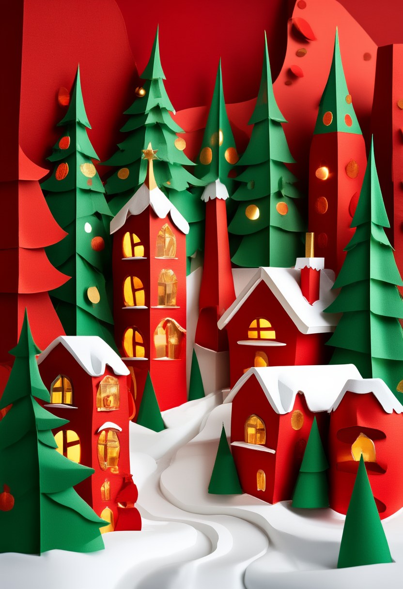 Crimson Winter Village — Christmas cut-paper-style greeting card