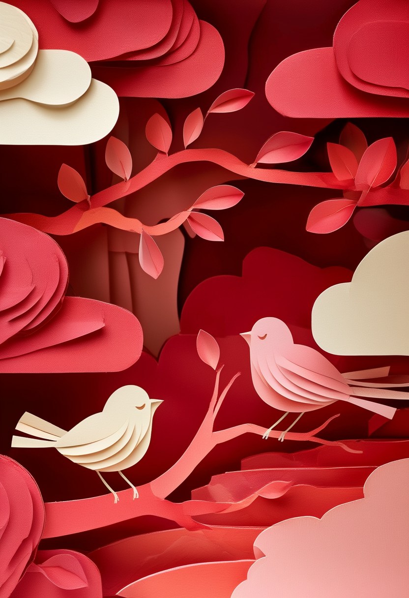 Crimson Woodland Romance — Valentine's Day cut-paper-style greeting card