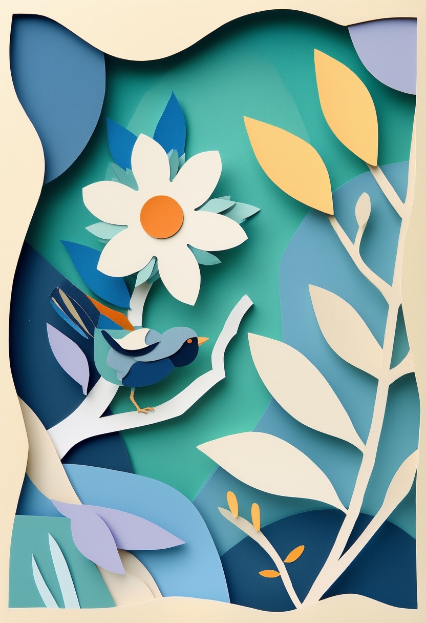 Cut-Paper Bird and Bloom — Thinking of You cut-paper-style greeting card