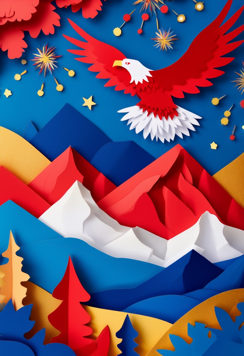 Eagle Soaring Over Red Mountains — Independence Day cut-paper-style greeting card