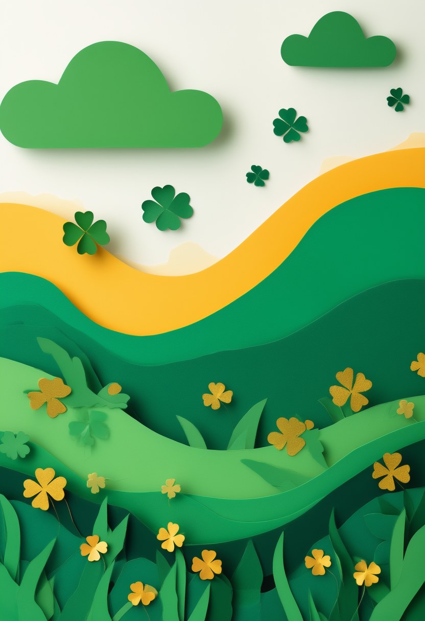 Emerald Irish Meadow — St. Patrick's Day cut-paper-style greeting card