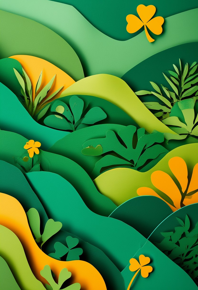 Emerald Irish Meadow — St. Patrick's Day cut-paper-style greeting card