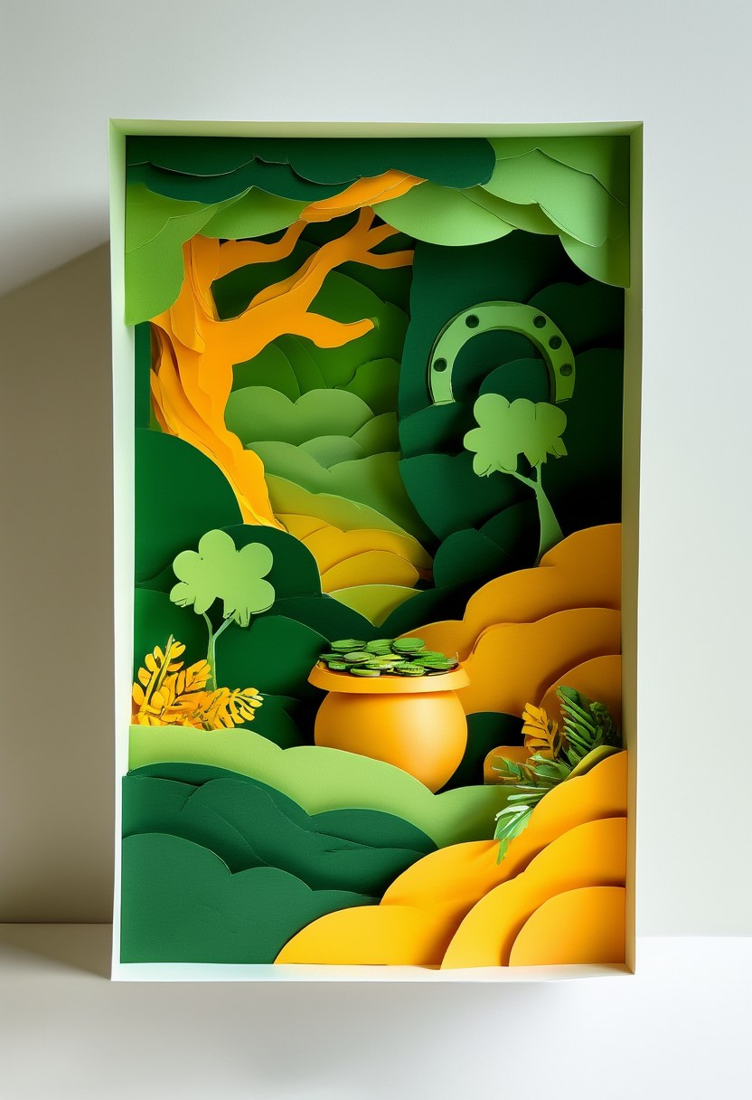 Emerald Irish Treasure Scene — St. Patrick's Day cut-paper-style greeting card