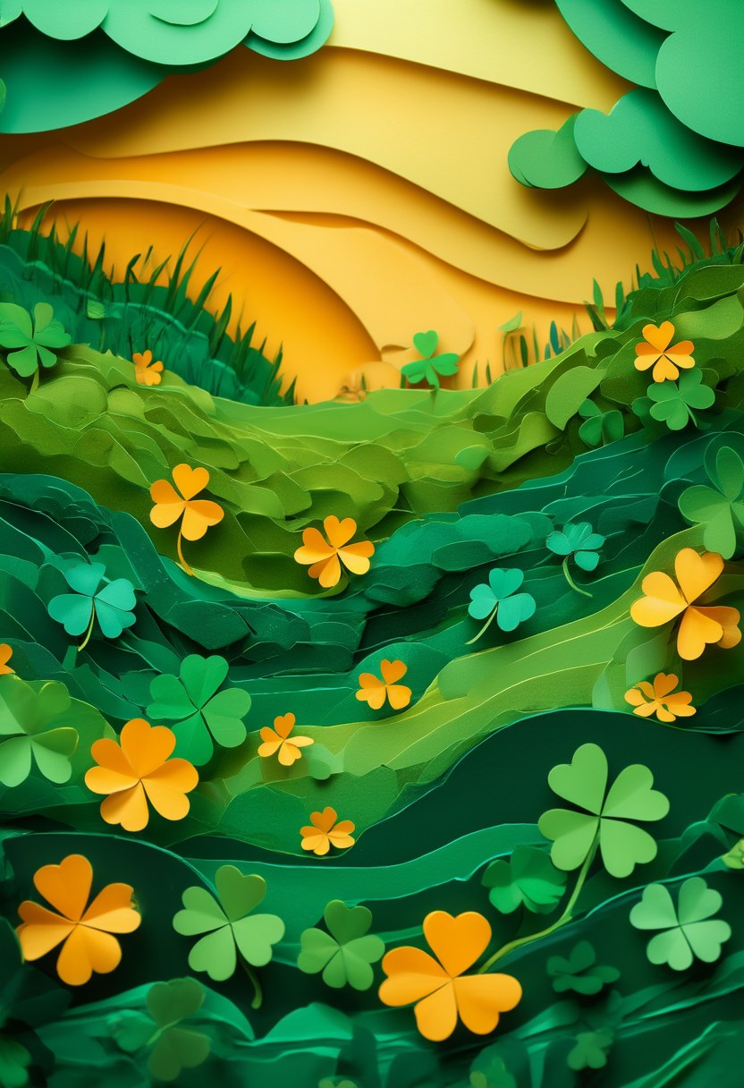 Emerald Meadow Dreams — St. Patrick's Day cut-paper-style greeting card