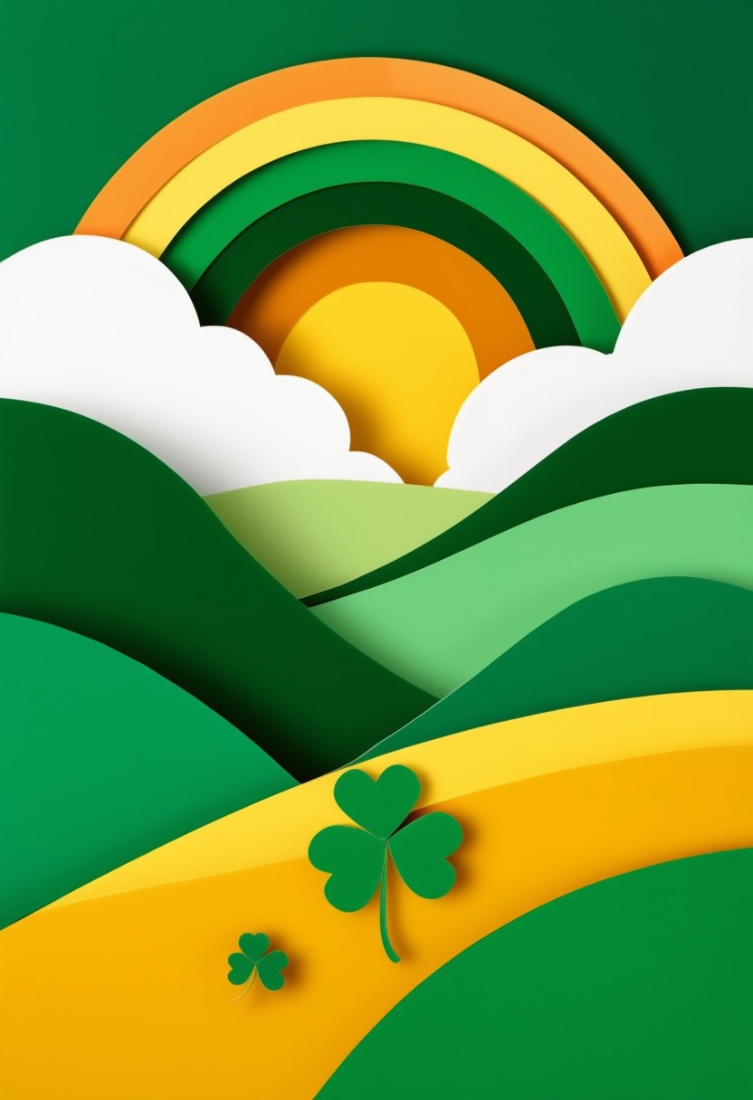 Emerald Meadow Sunrise — St. Patrick's Day cut-paper-style greeting card