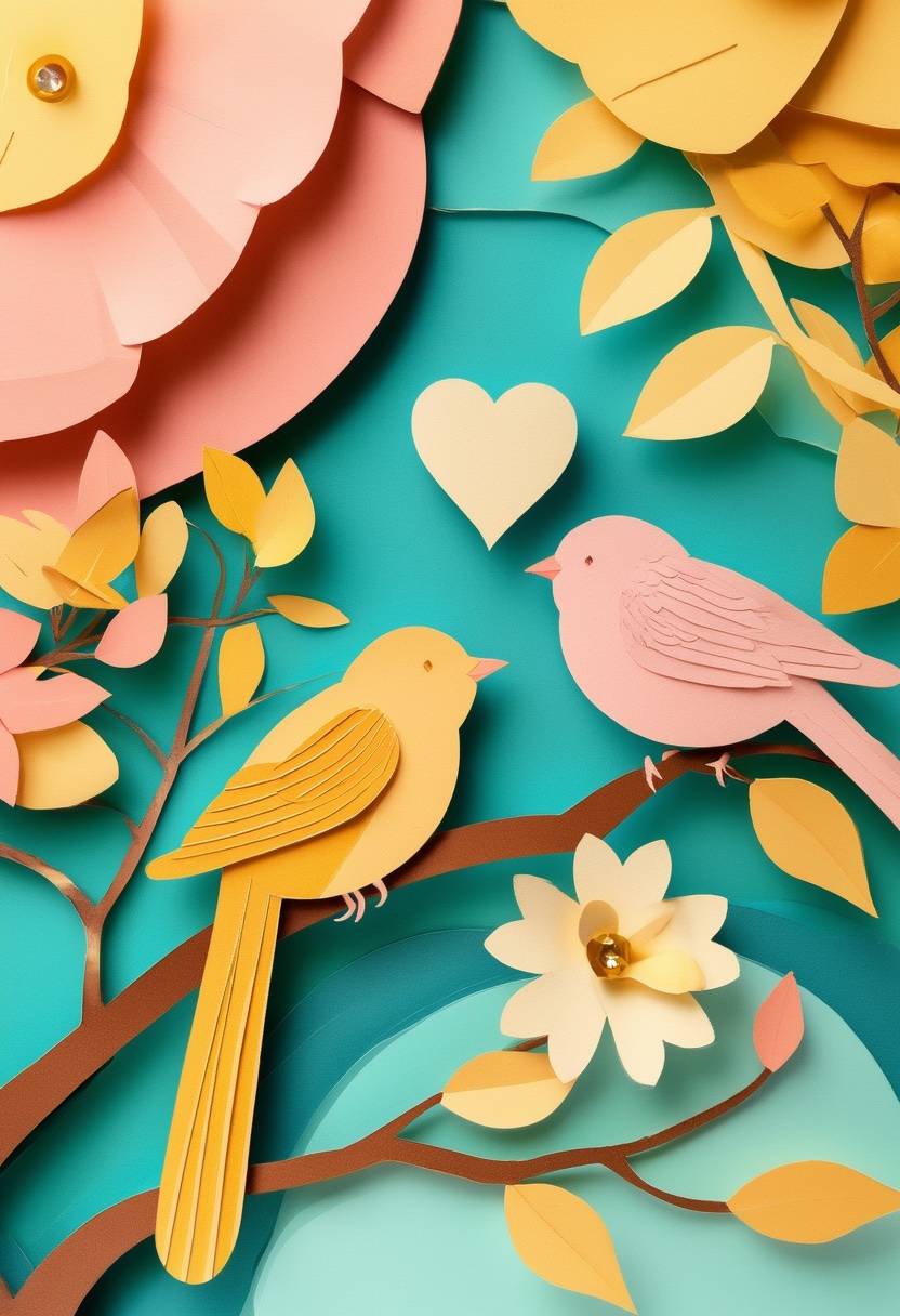 Engagement Lovebirds on Branch — Engagement cut-paper-style greeting card