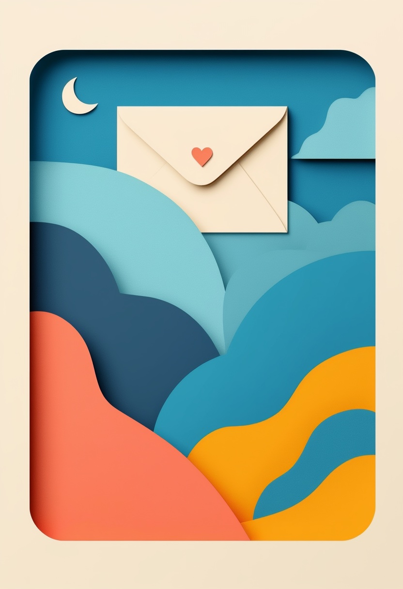 Envelope Heart Sky — Keeping in Touch cut-paper-style greeting card