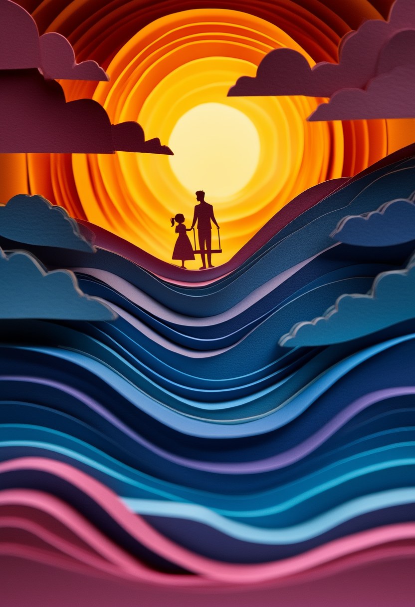Father Daughter Silhouette — Father's Day cut-paper-style greeting card