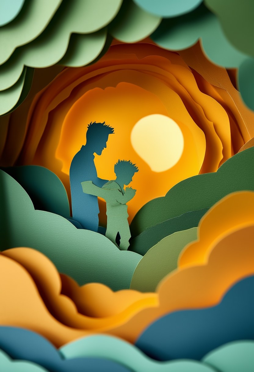 Father Son Bonding — Father's Day cut-paper-style greeting card