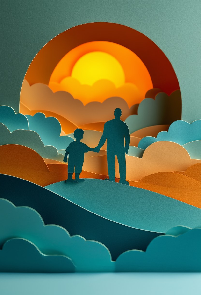 Father Son Bonding — Father's Day cut-paper-style greeting card