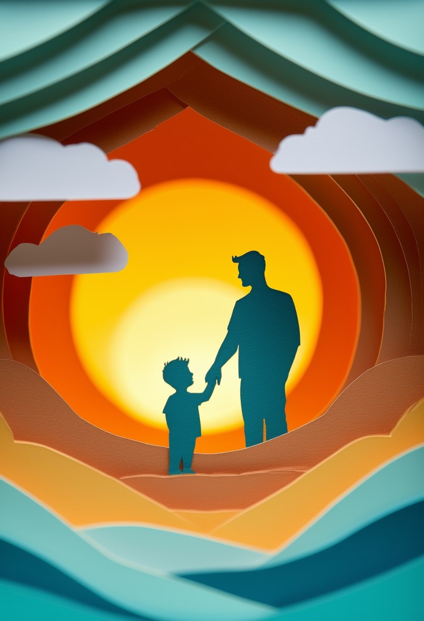 Father Son Bonding — Father's Day cut-paper-style greeting card