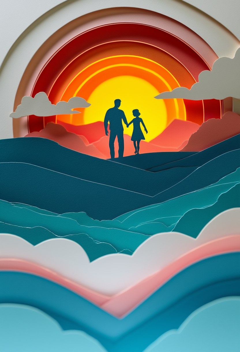 Hand in Hand at Sunset — Father's Day cut-paper-style greeting card