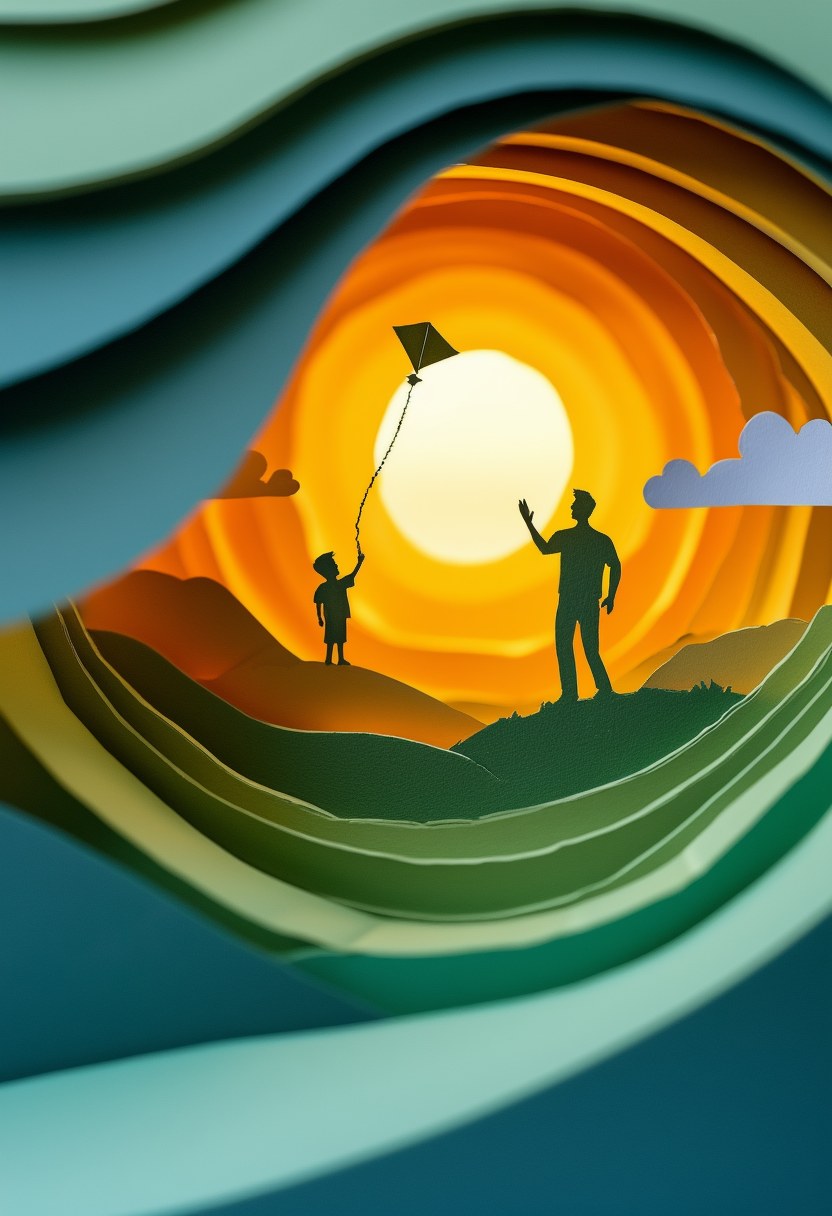 Father Son Sunset Silhouette — Father's Day cut-paper-style greeting card