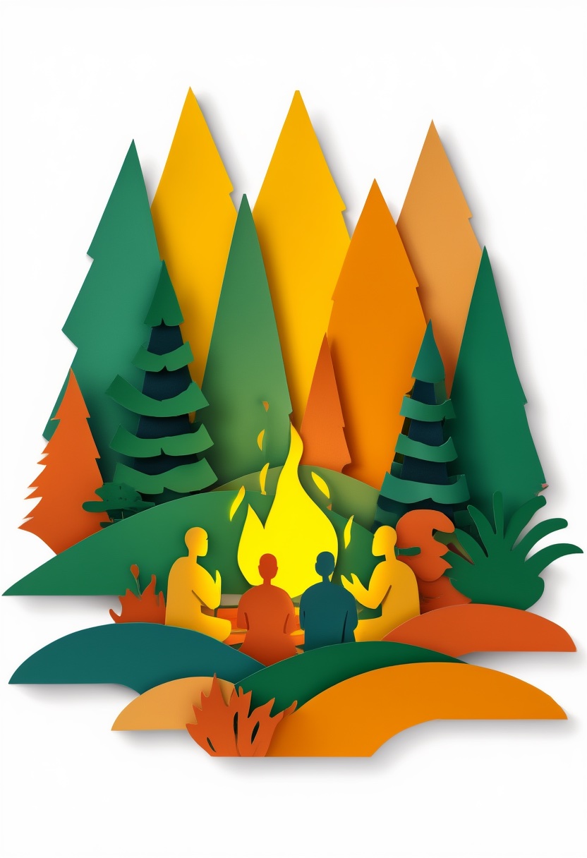 Fiery Forest Gathering — Reunion cut-paper-style greeting card