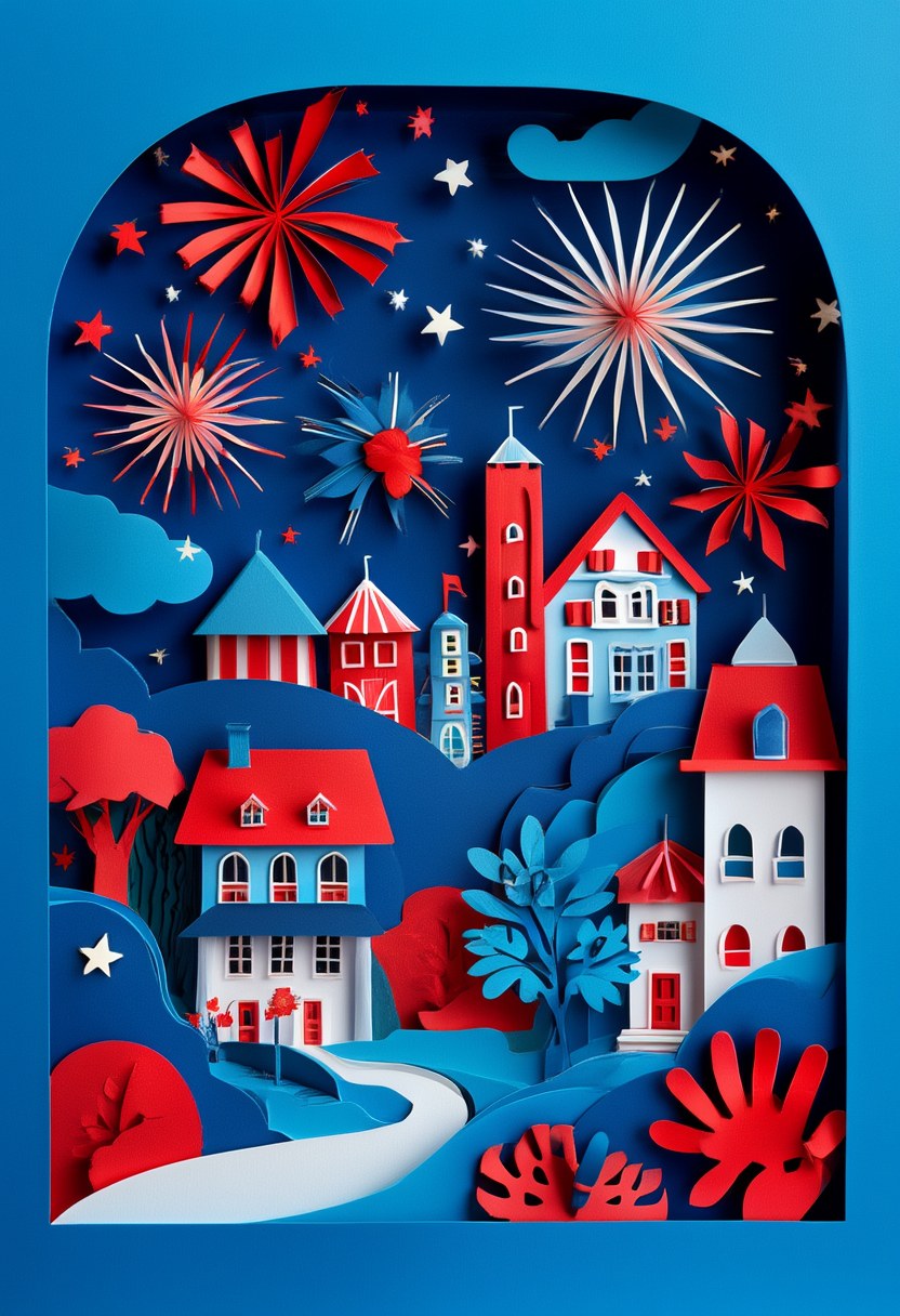 Fiery Town Celebration — Independence Day cut-paper-style greeting card