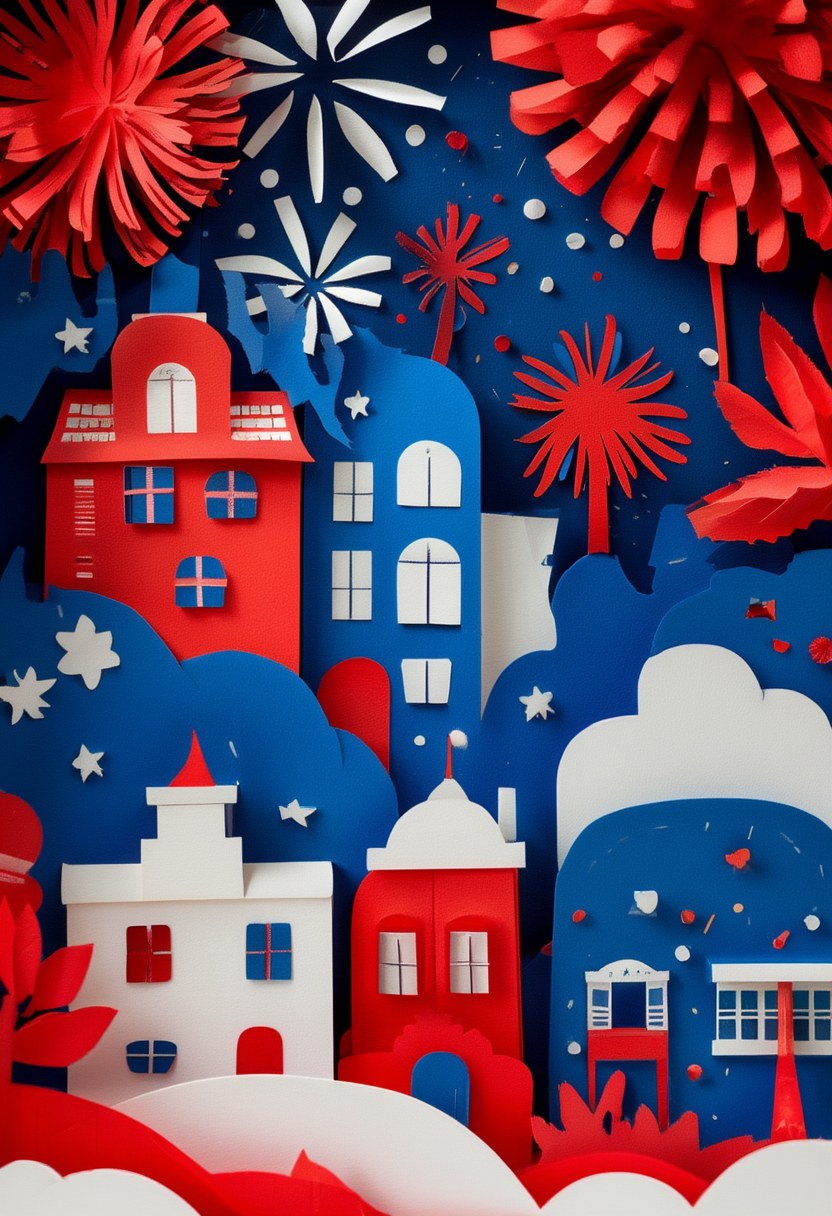 Fireworks City Silhouette — Independence Day cut-paper-style greeting card