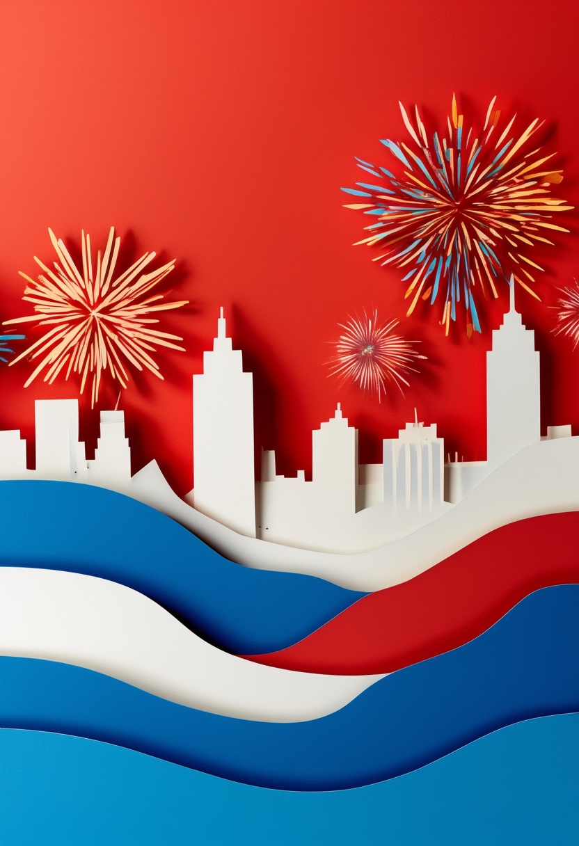 Fireworks Over City Skyline — Independence Day cut-paper-style greeting card