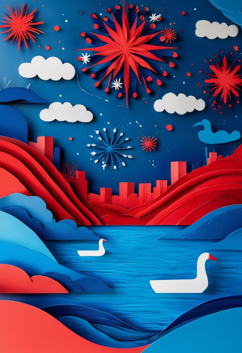 Fireworks Over Coastal Bay — Independence Day cut-paper-style greeting card