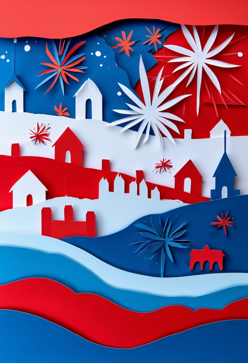 Fireworks Over Hometown — Independence Day cut-paper-style greeting card
