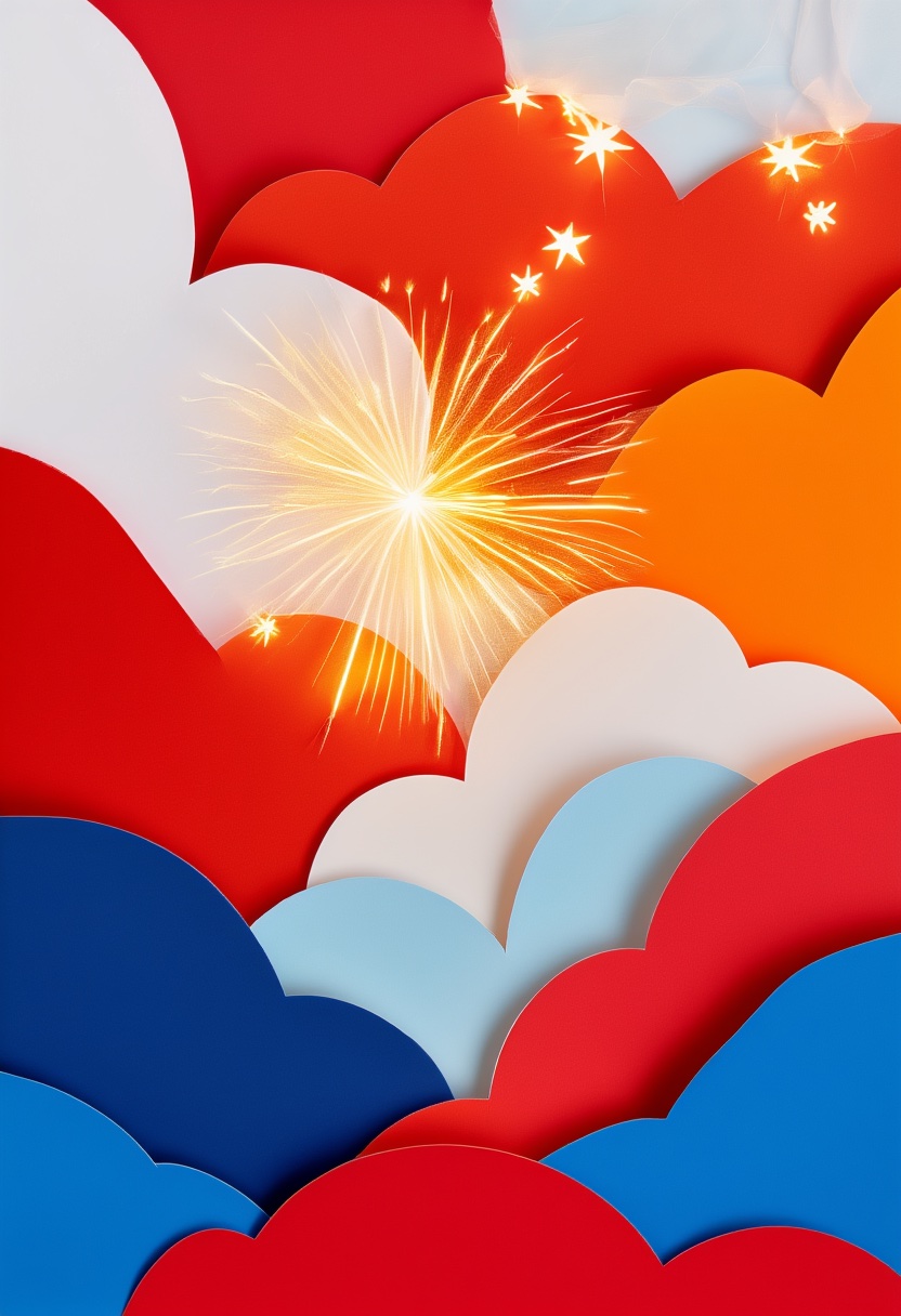 Fireworks Over Paper Clouds — Independence Day cut-paper-style greeting card
