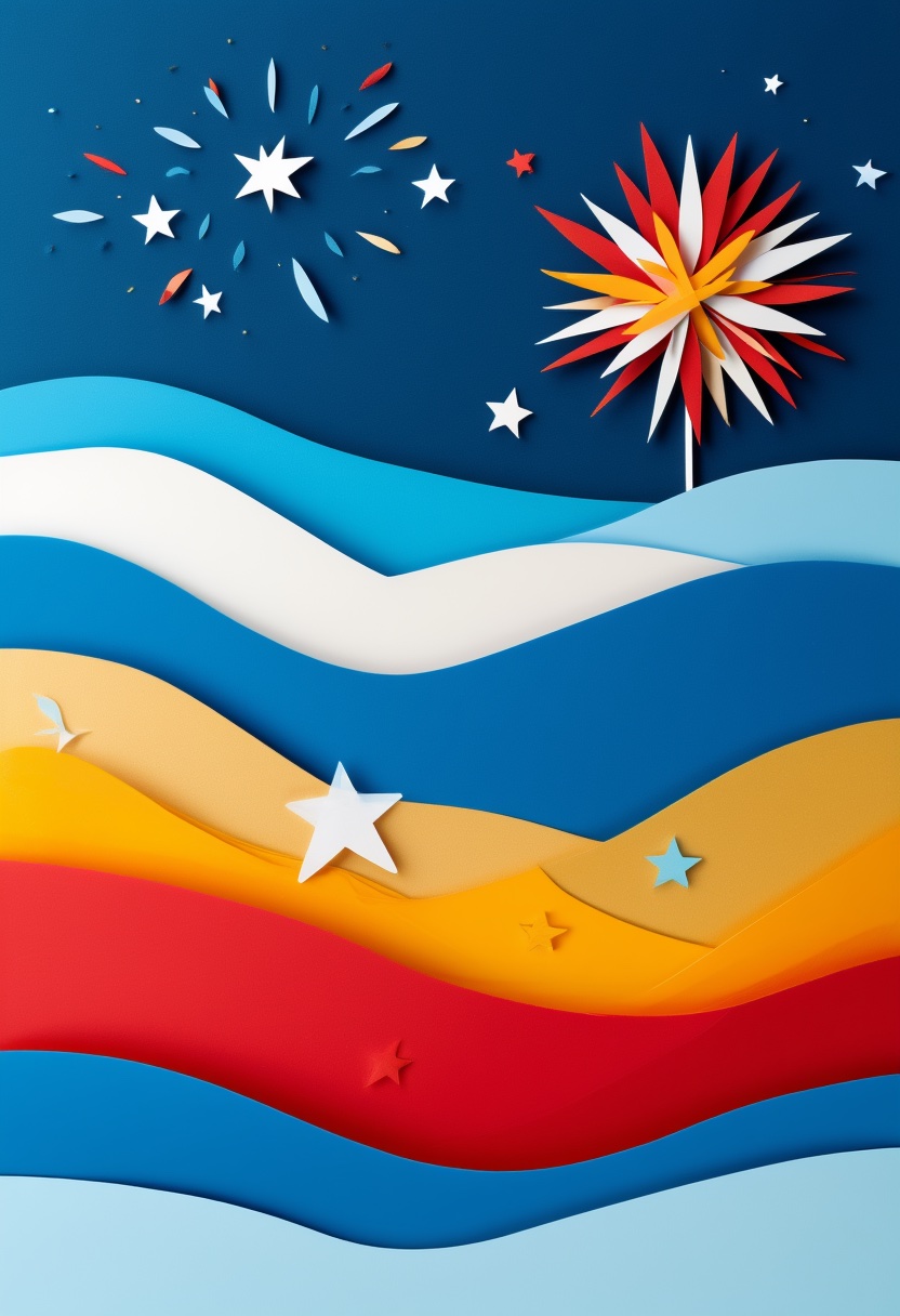 Fireworks Over Wavy Layers — Independence Day cut-paper-style greeting card