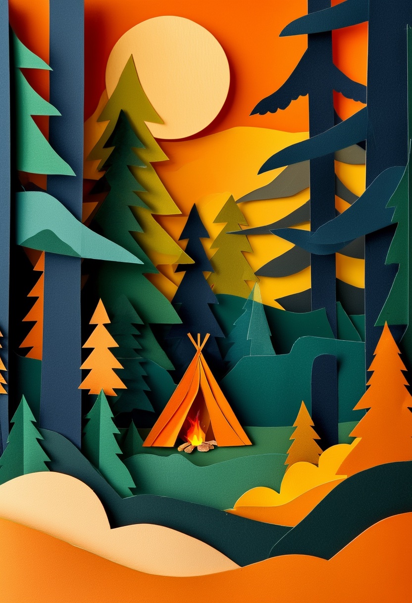 Forest Campfire Moonlight — Father's Day cut-paper-style greeting card