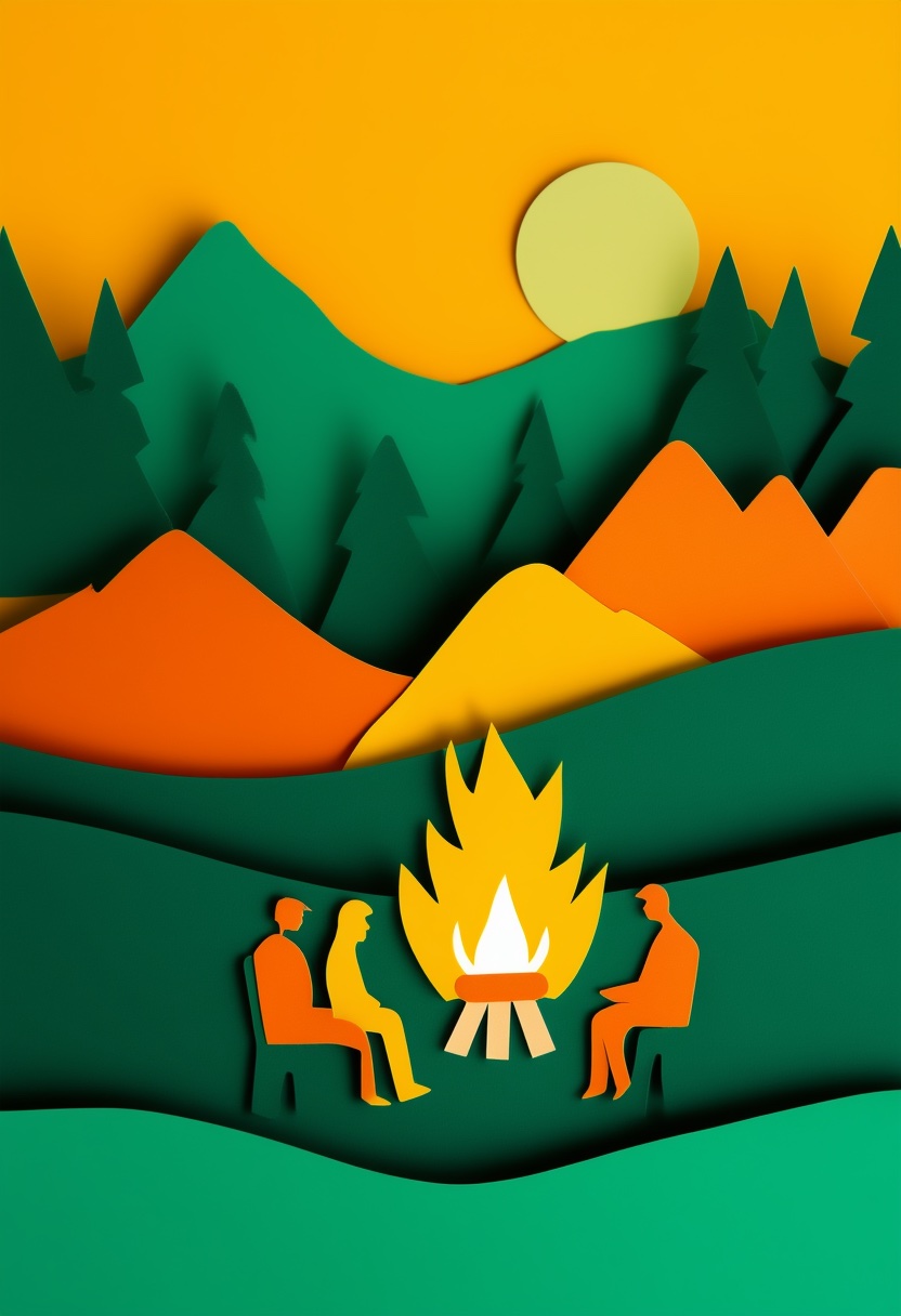 Forest Firelight Fellowship — Reunion cut-paper-style greeting card