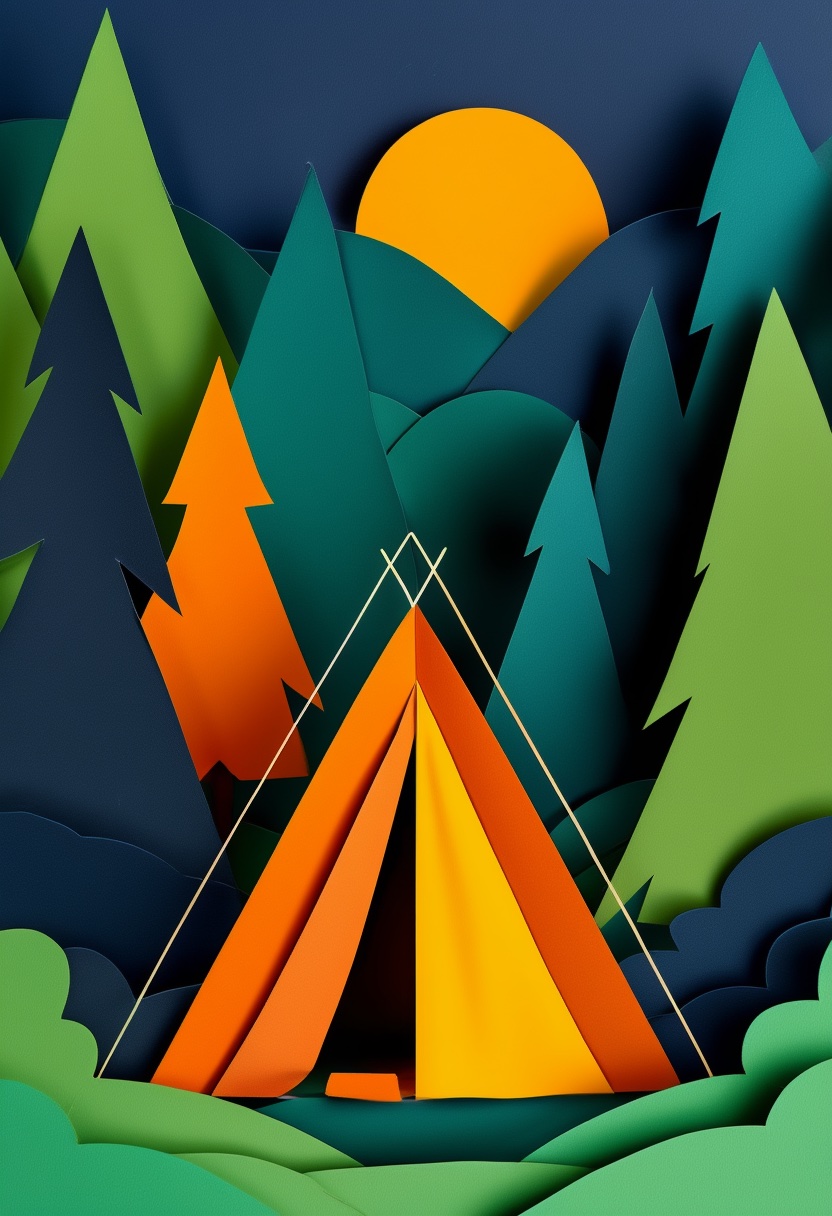 Forest Sunset Tent Embrace — Father's Day cut-paper-style greeting card