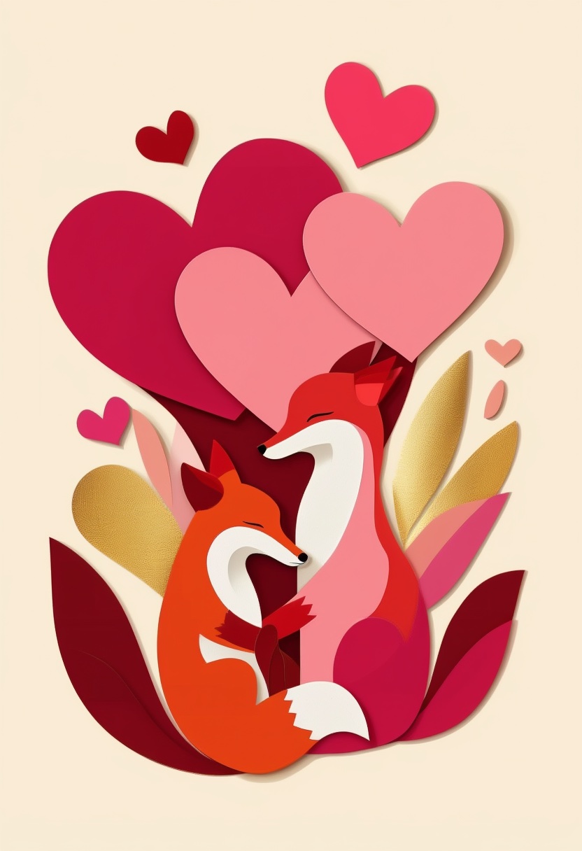 Foxy Love Hearts Embrace — Valentine's Day cut-paper-style greeting card