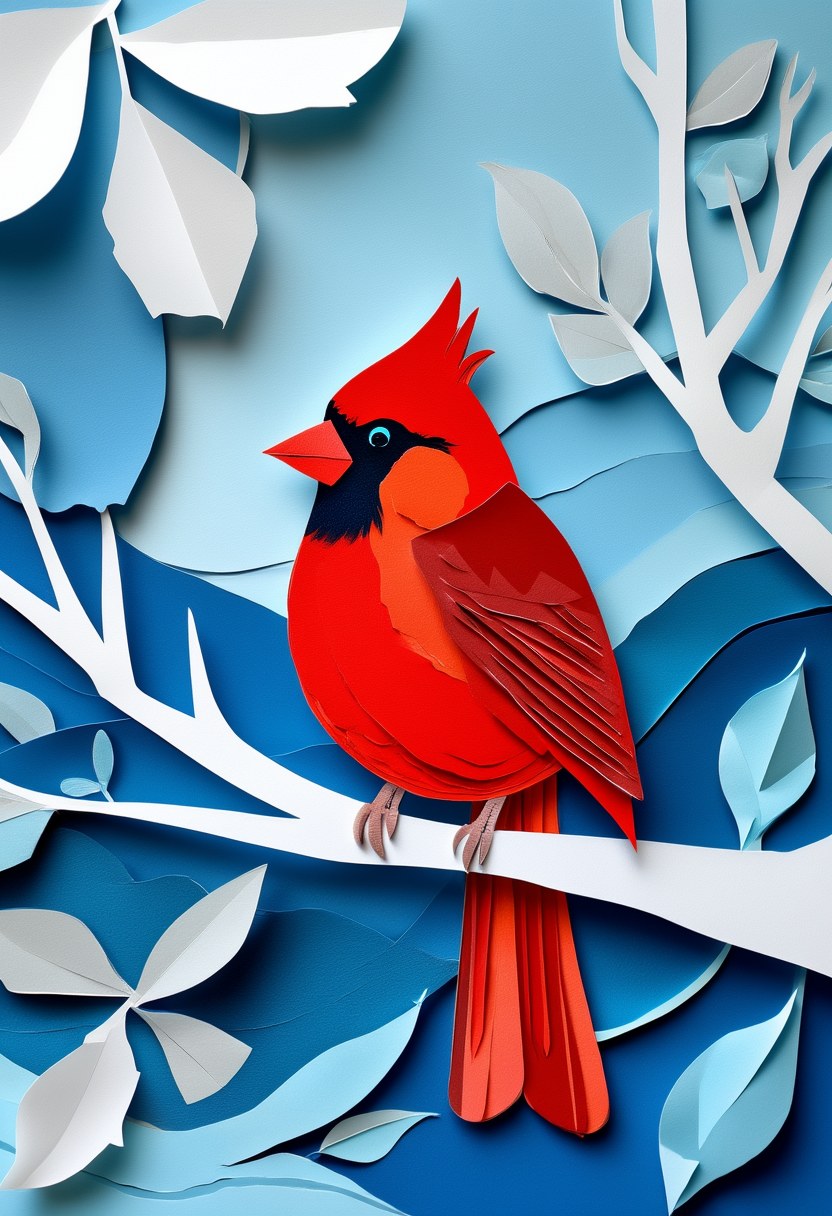 Frosty Cardinal Branch — Winter cut-paper-style greeting card