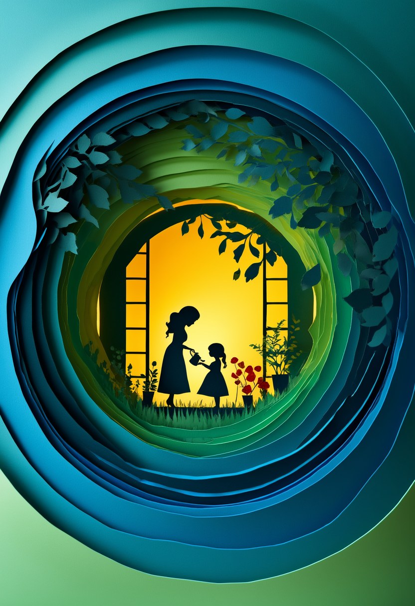 Garden Window Embrace — Mother's Day cut-paper-style greeting card