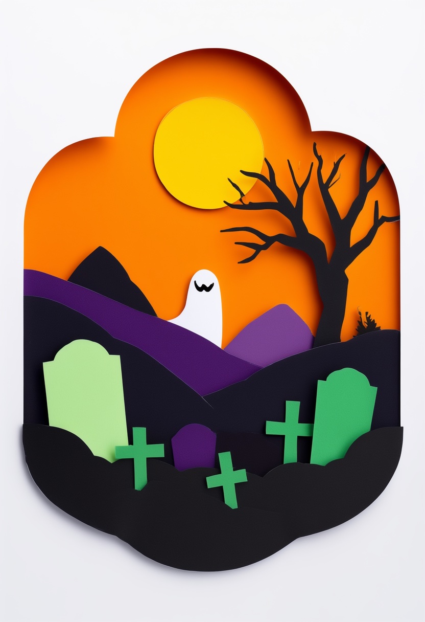 Ghoulish Graveyard Sunset — Halloween cut-paper-style greeting card