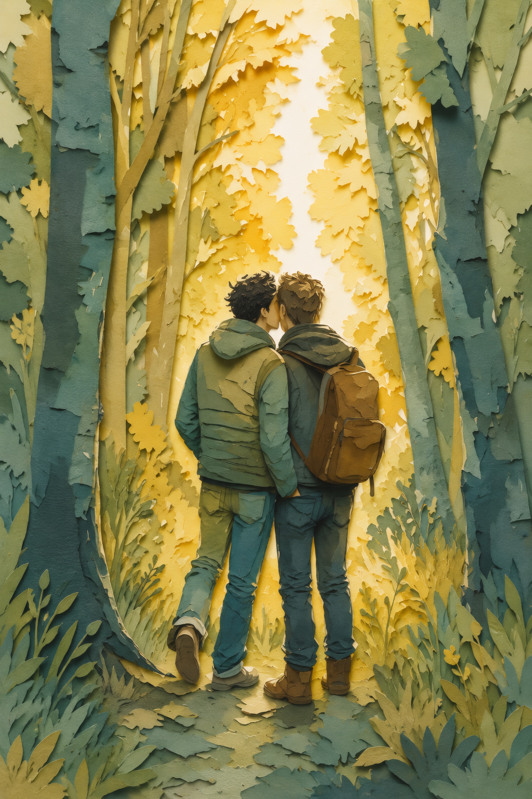 Golden Birch Embrace — Pride cut-paper-style greeting card