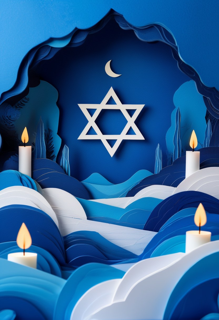 Hanukkah Nightscape — Hanukkah cut-paper-style greeting card