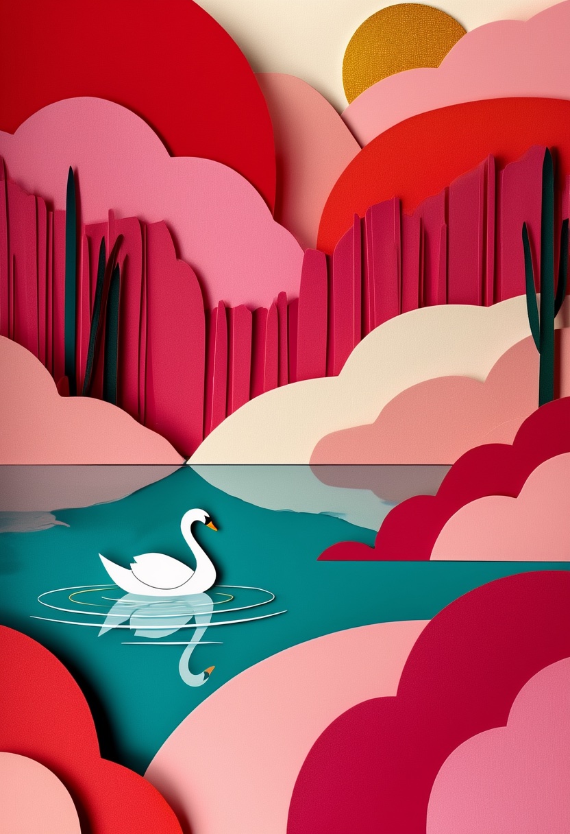 Heart-Shaped Pond Glide — Valentine's Day cut-paper-style greeting card