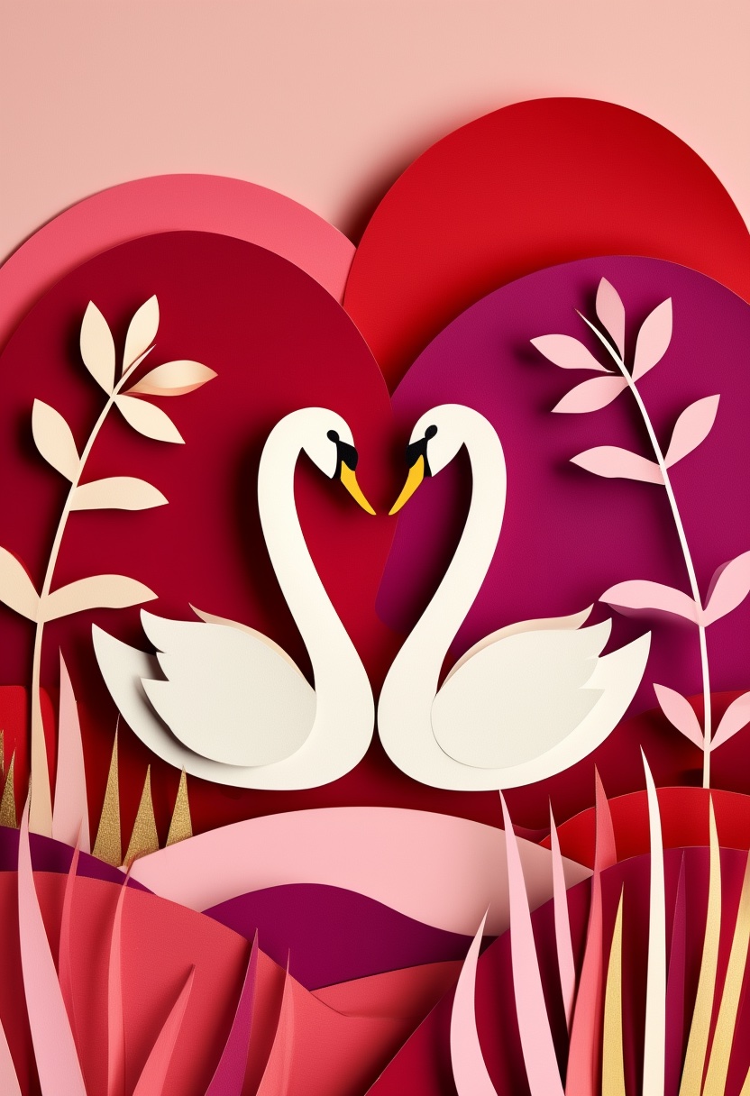 Heart-Shaped Swan Embrace — Valentine's Day cut-paper-style greeting card