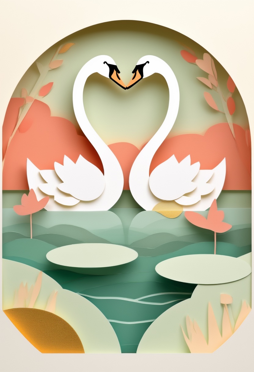 Heart-Shaped Swan Embrace on Lily Pads — Wedding cut-paper-style greeting card