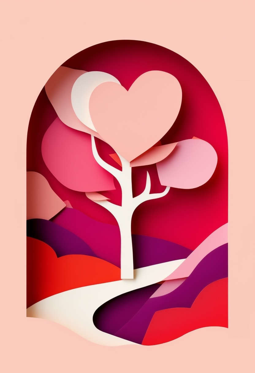 Heart Tree Landscape — Love cut-paper-style greeting card
