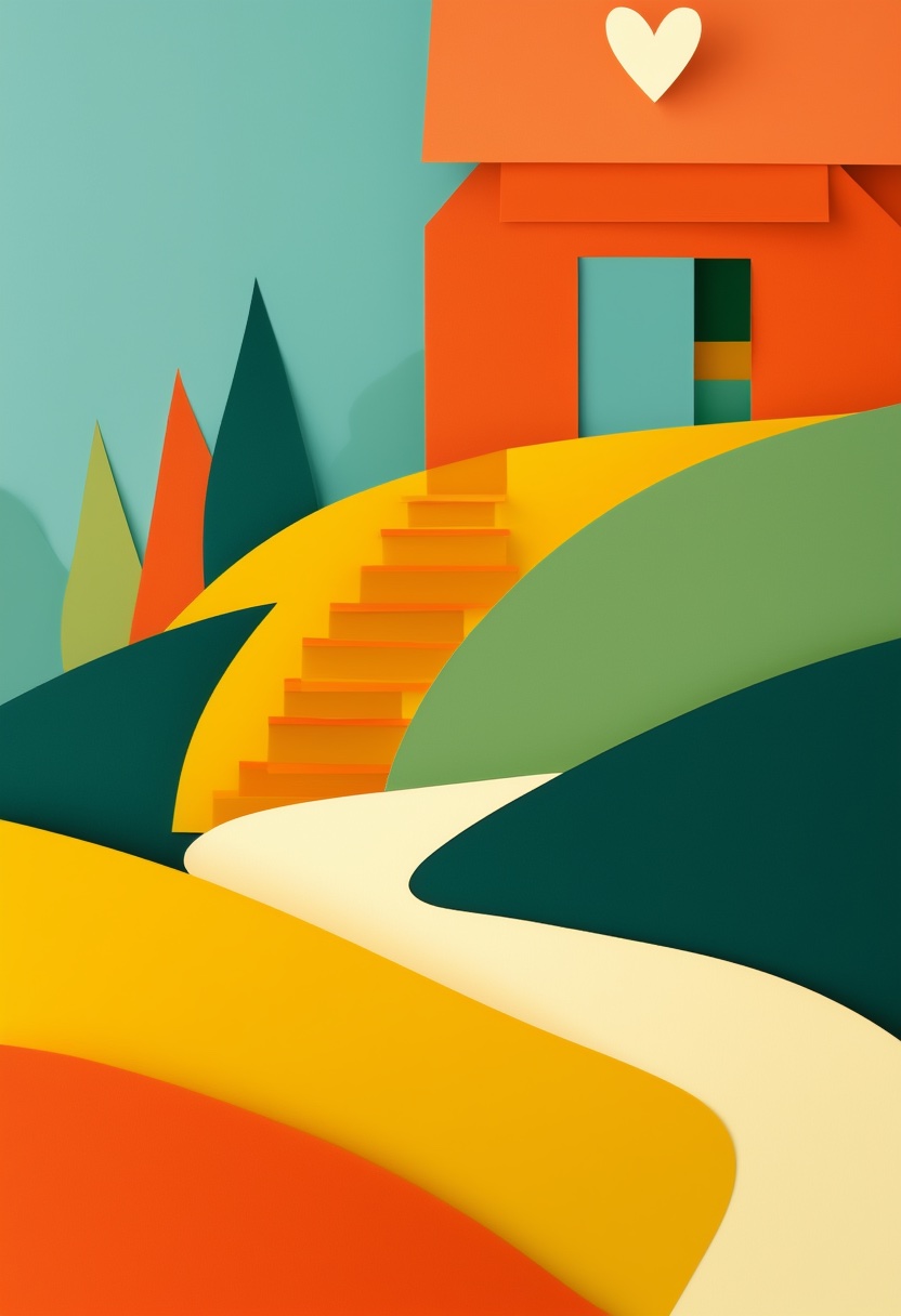 Heartfelt Hillside Home — New Home cut-paper-style greeting card