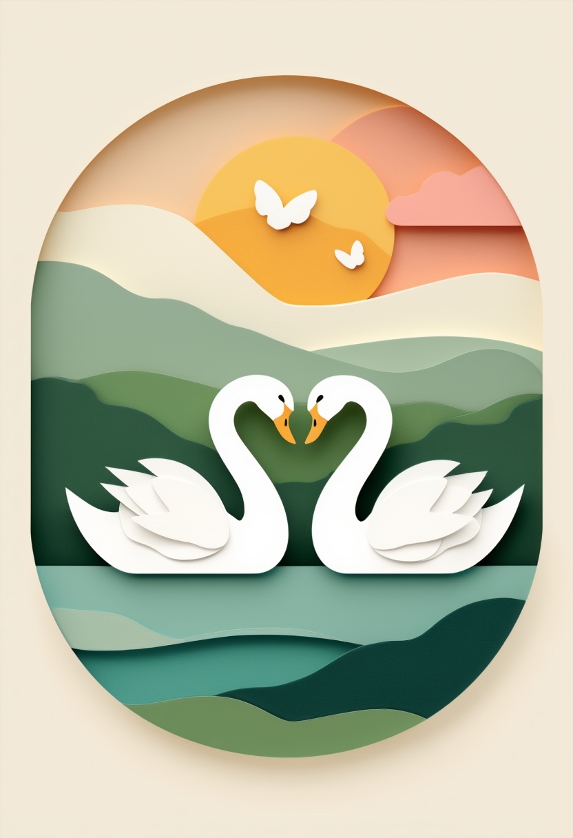 Heartfelt Swans Embrace — Wedding cut-paper-style greeting card