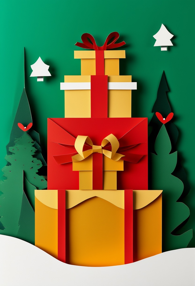 Holiday Gift Stack Cut-Paper — Christmas cut-paper-style greeting card
