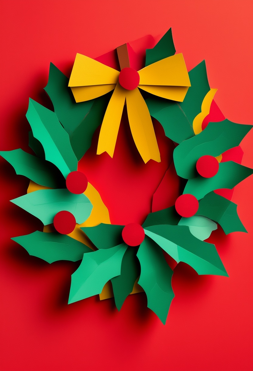 Holly Wreath Celebration — Christmas cut-paper-style greeting card