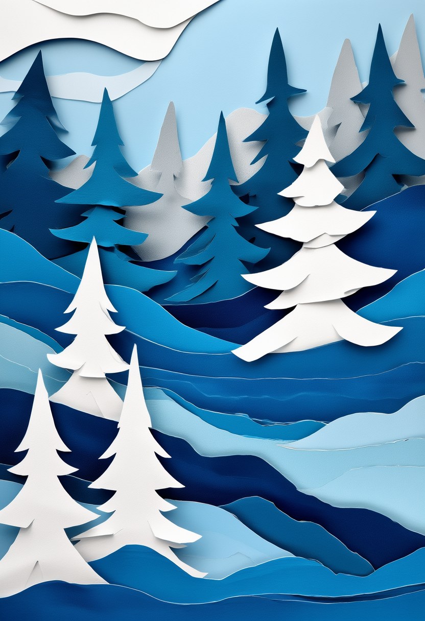 Icy Evergreen Trio — Winter cut-paper-style greeting card