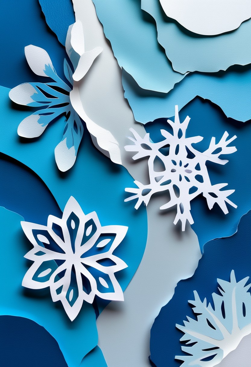 Icy Winter Snowflake Dance — Winter cut-paper-style greeting card