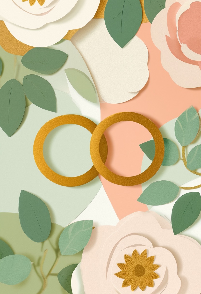 Interlocking Gold Rings Amidst Stylized Roses — Wedding cut-paper-style greeting card
