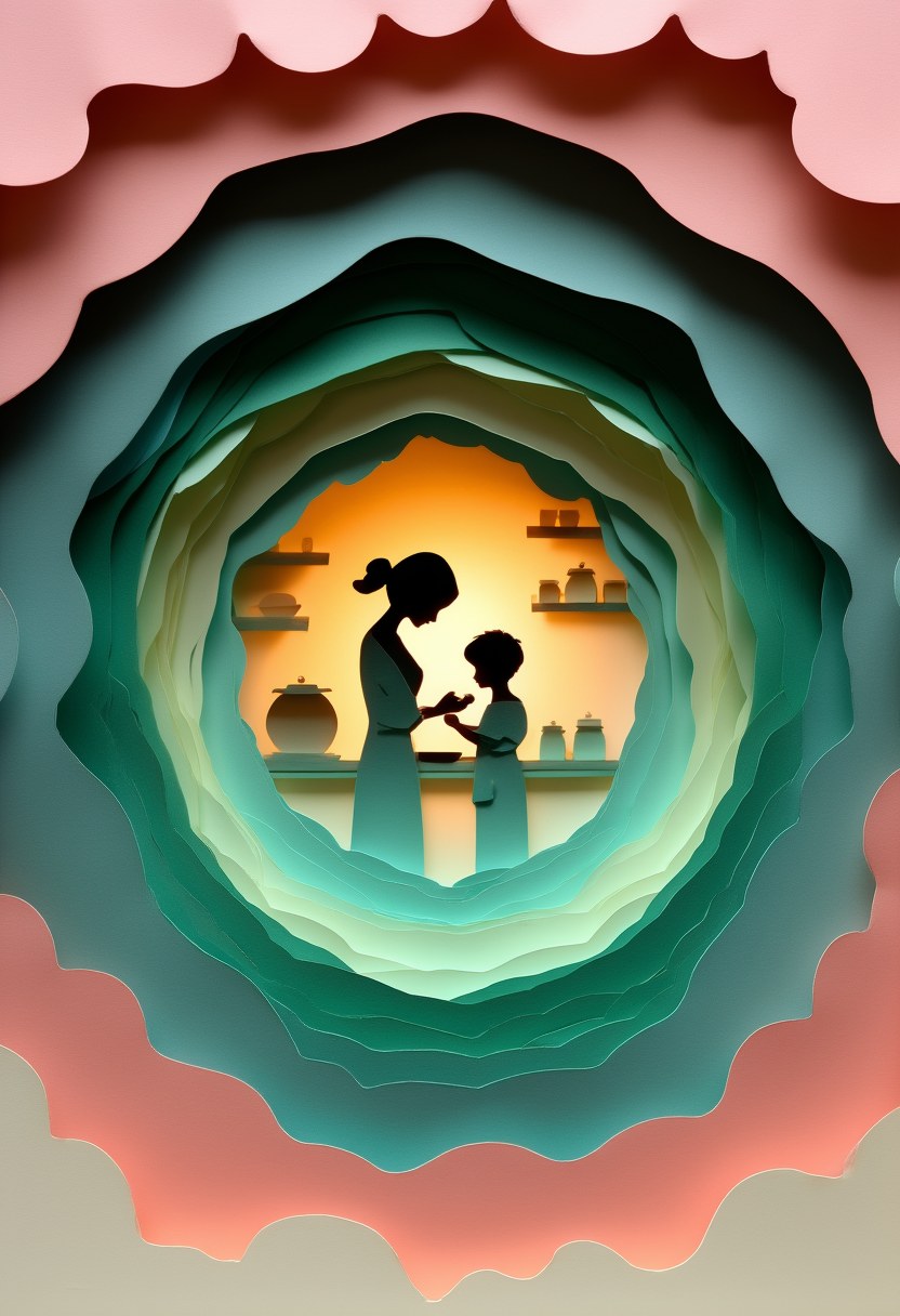 Kitchen Warmth Silhouette — Mother's Day cut-paper-style greeting card
