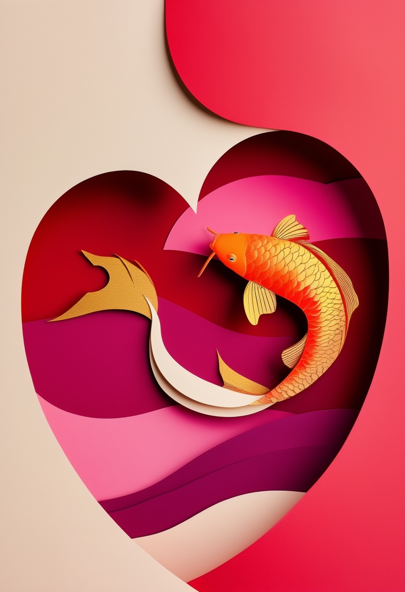 Koi Fish Heart Illusion — Valentine's Day cut-paper-style greeting card